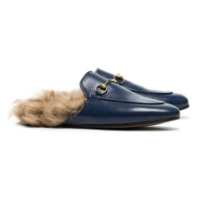 Blue Purple Women Shearling Fur Mules Shoes Leather Flat Heel Loafers